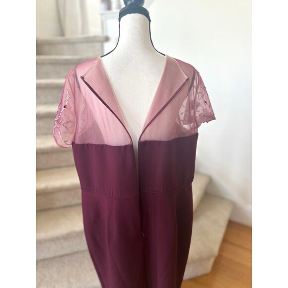 JS Collections Burgundy Red Floral Beaded Illusion Sheath Cocktail Dress - Picture 5 of 10